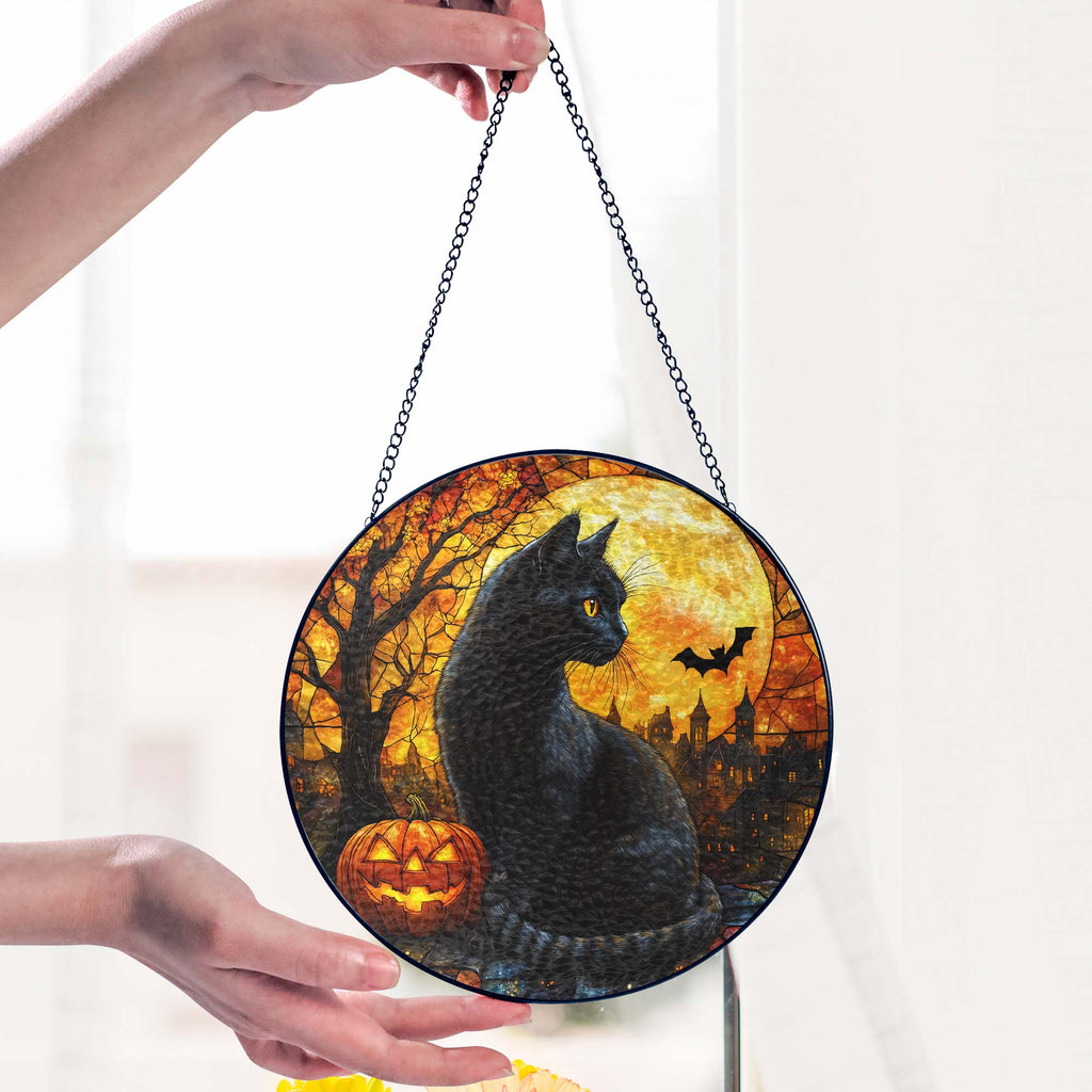Black Cat Halloween Pumpkins Stained Glass Suncatcher 3-Day Shipping