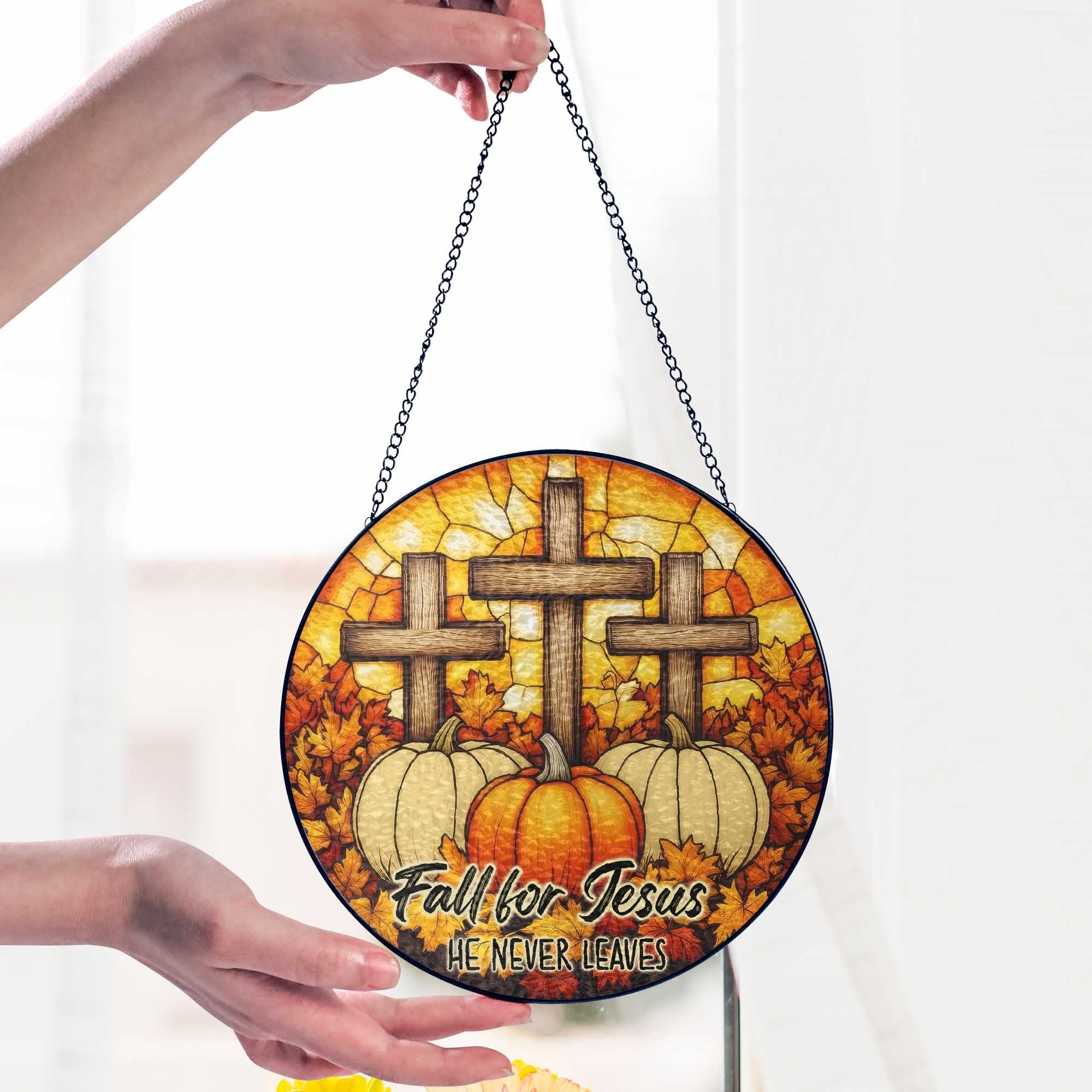 Fall for Jesus He Never Leaves Cross Pumpkin Autumn Stained Glass Suncatcher