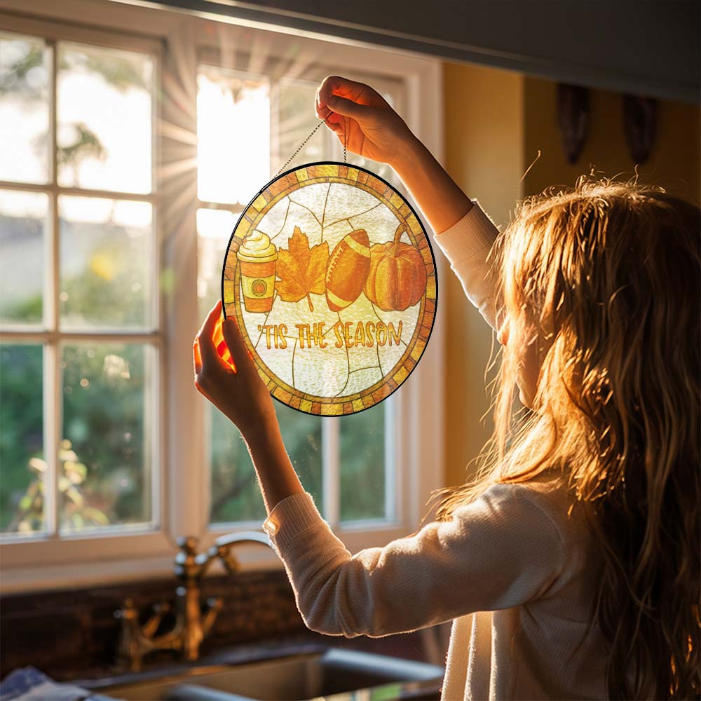 Tis The Season Fall and Football Thanksgiving Stained Glass Suncatcher 3-Day Shipping