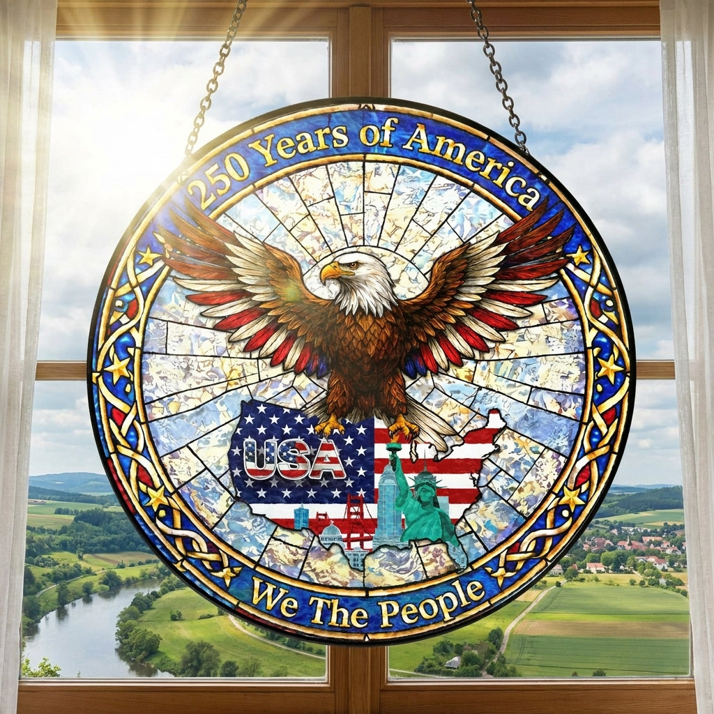 250 Years of America Patriotic Eagle Maps USA Stained Glass Suncatcher