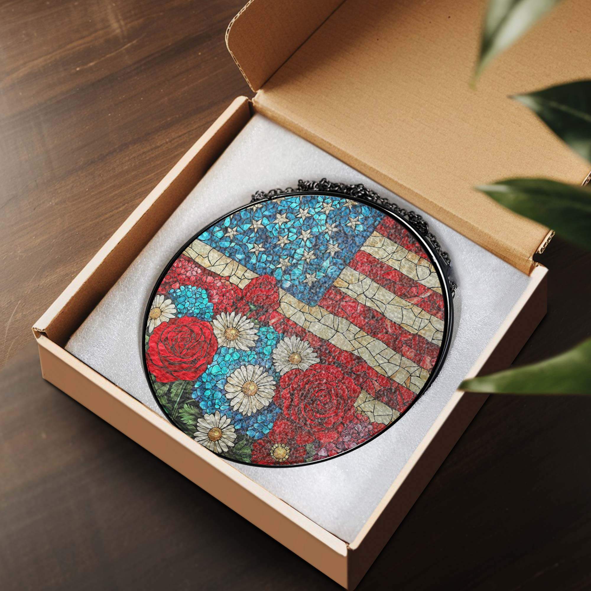 Flagwix American Flag - Patriotic Floral USA Flag Stained Glass Suncatcher Window Decor