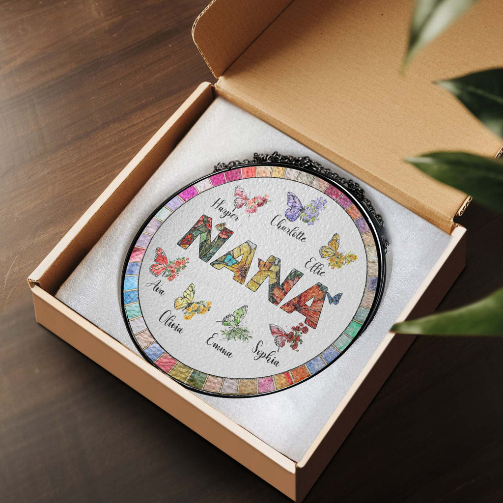 Personalized Nana Stained Glass Suncatcher. Gift for Grandma. Custom Butterfly & Birth Month Flower with Grandkid's Names