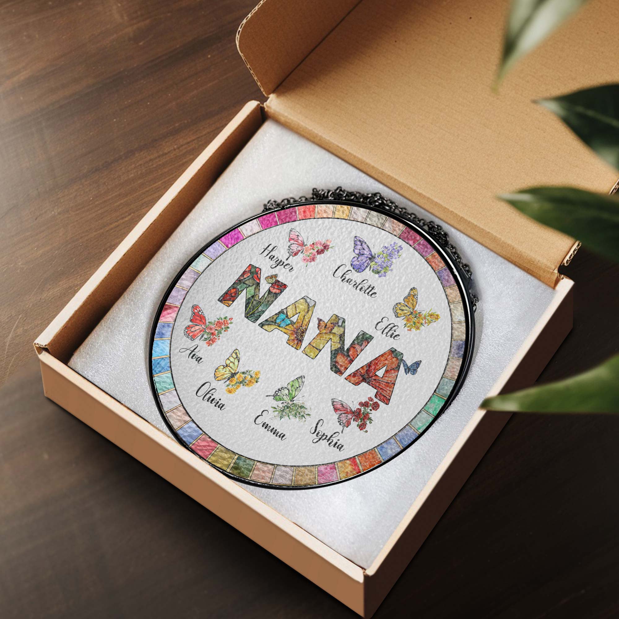 Personalized Nana Stained Glass Suncatcher. Gift for Grandma. Custom Butterfly & Birth Month Flower with Grandkid's Names