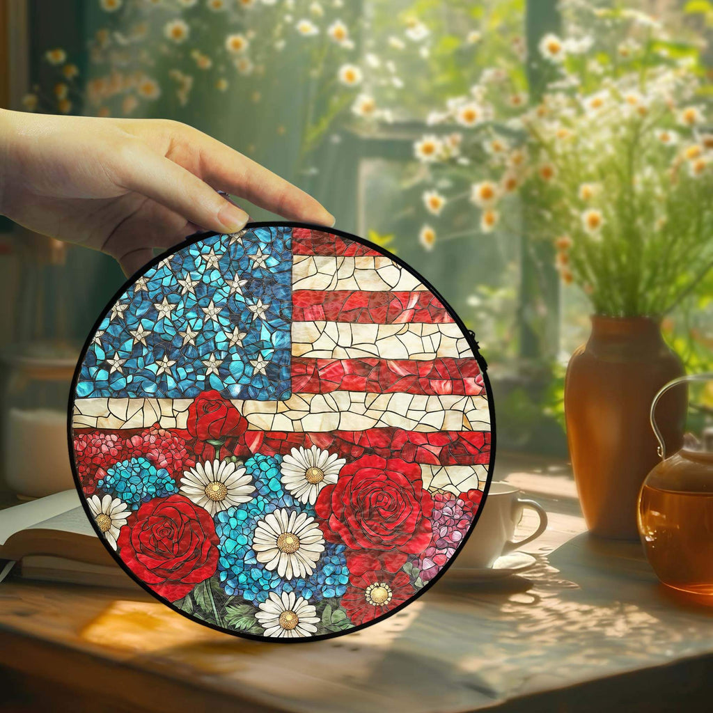 Flagwix American Flag - Patriotic Floral USA Flag Stained Glass Suncatcher Window Decor