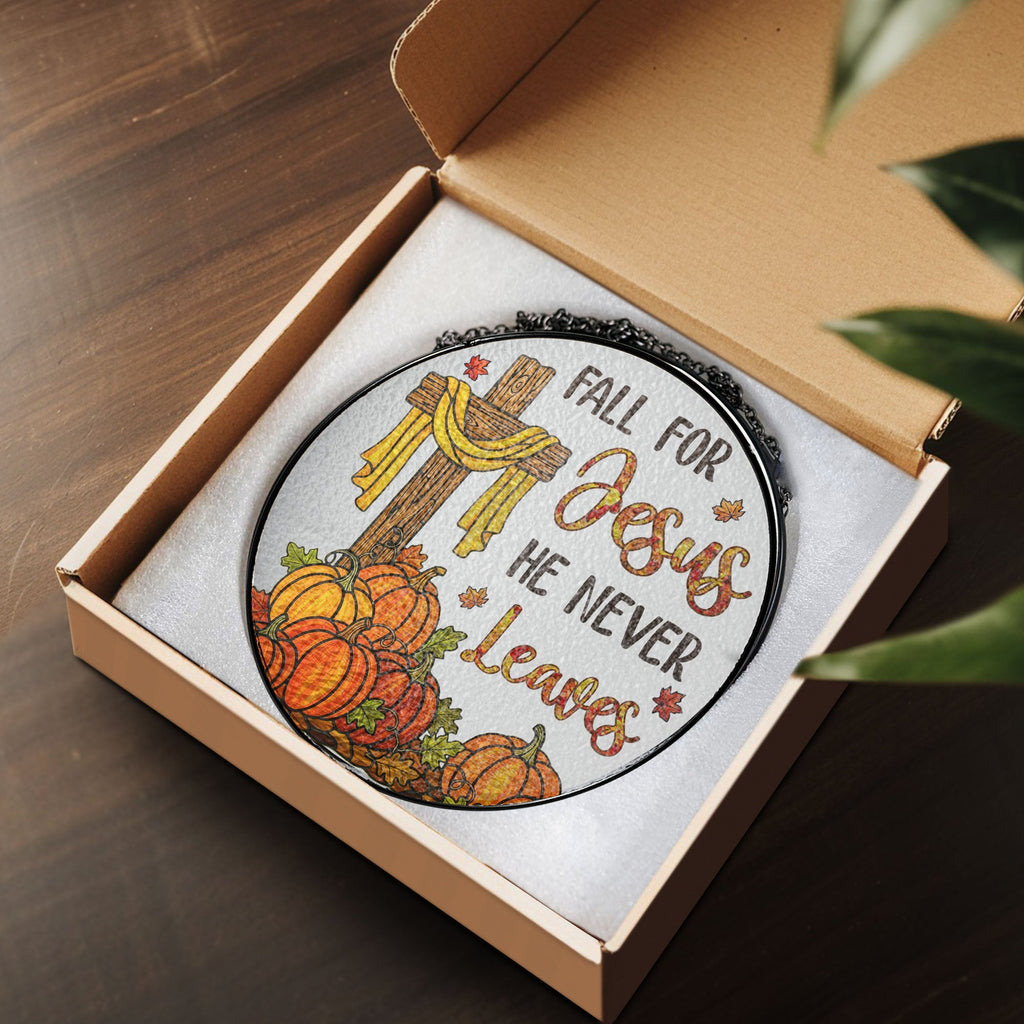 Jesus Cross Fall for Jesus He Never Leaves Thanksgiving Stained Glass Suncatcher 3-Day Shipping
