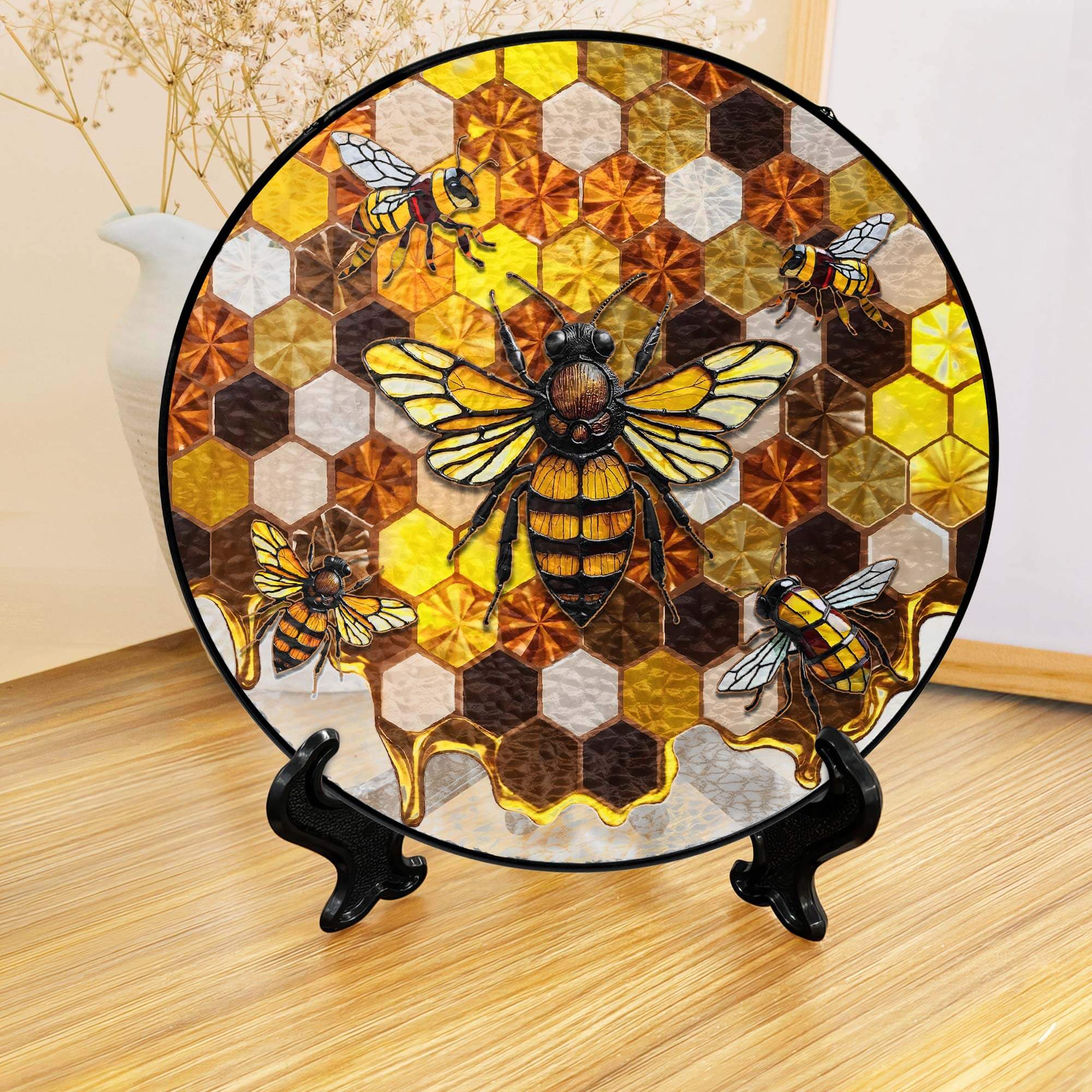 Honeycomb Bee Stained Glass Suncatcher