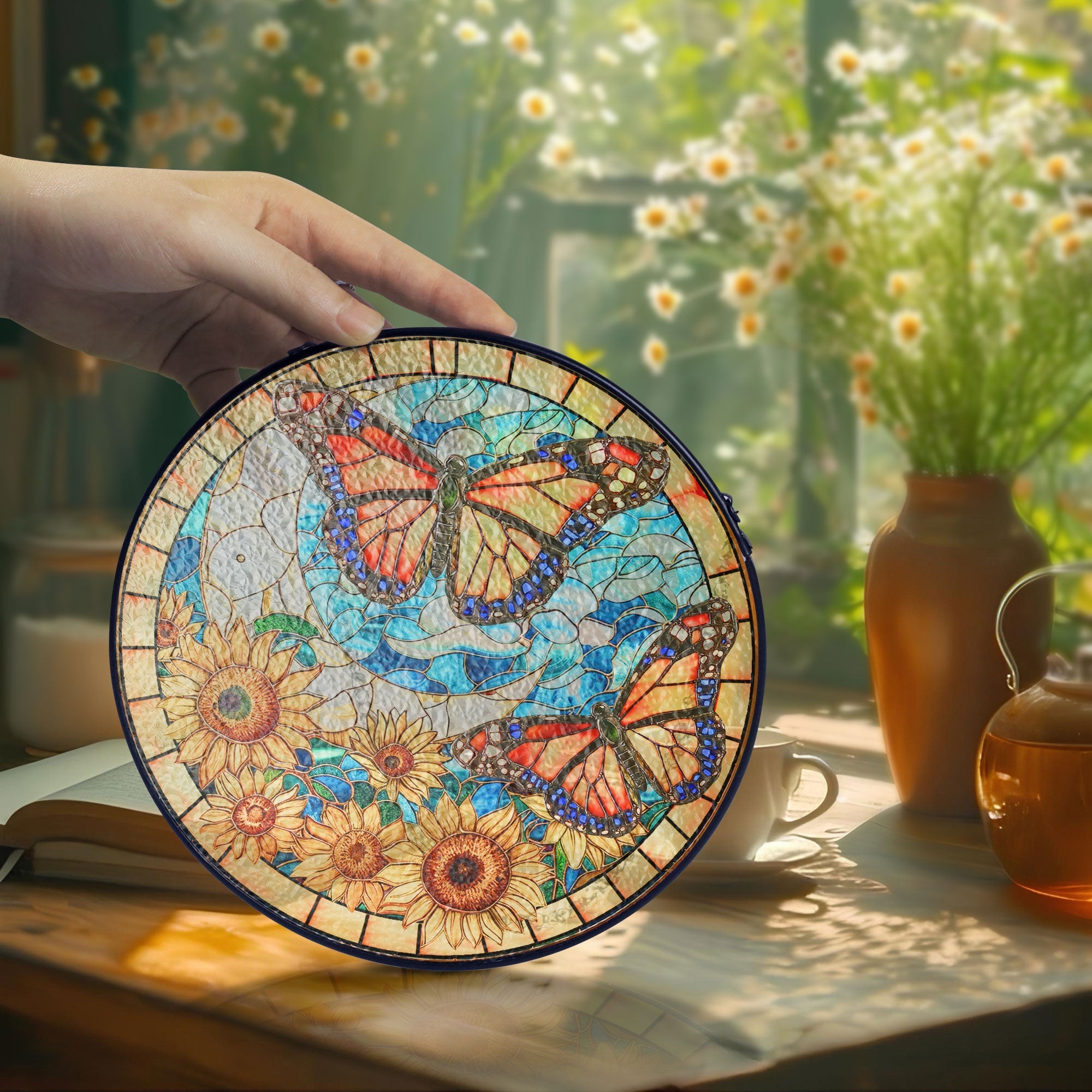 Butterfly and Sunflower Stained Glass Suncatcher