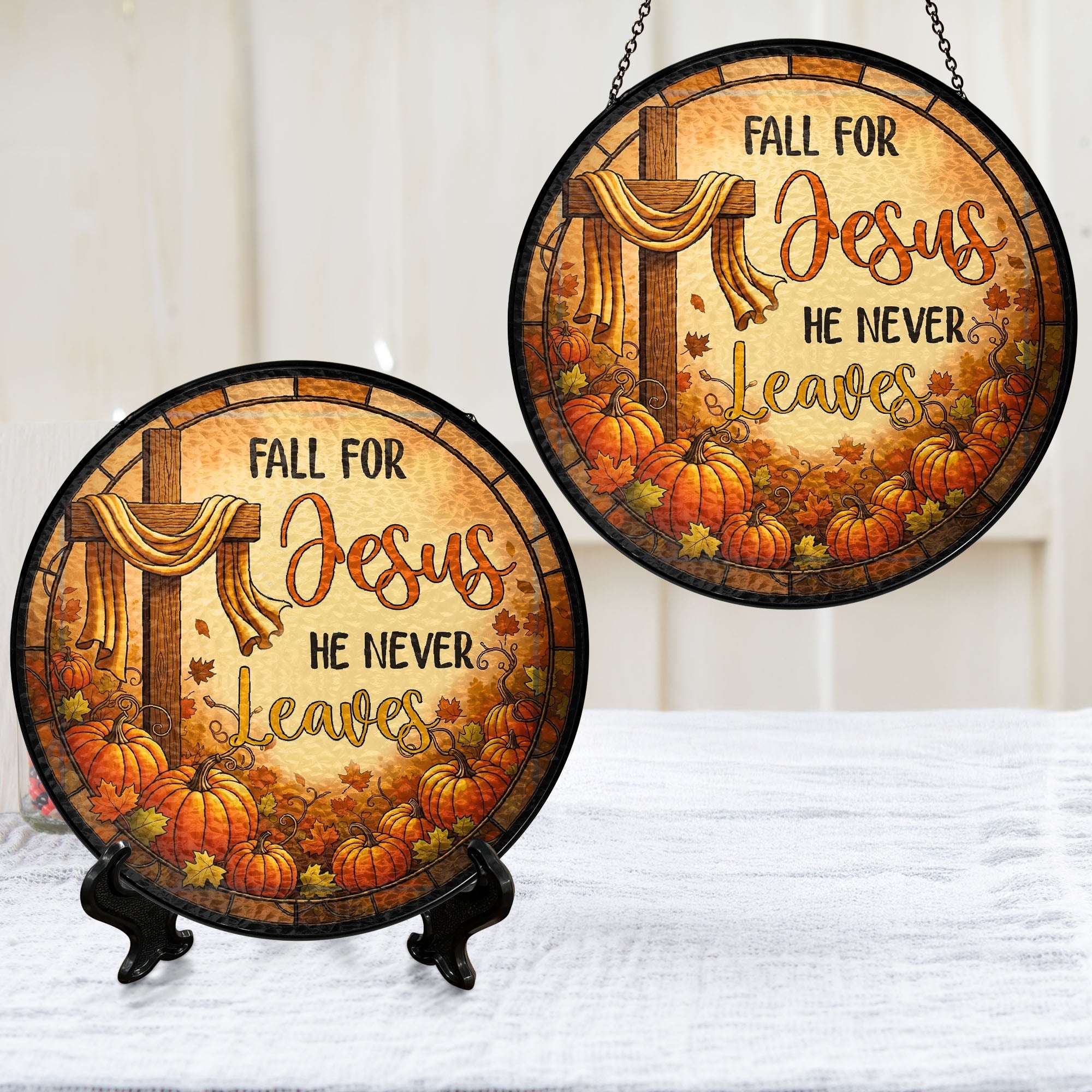 Fall Thanksgiving Pumpkins Stained Glass Suncatcher Fall for Jesus He Never Leaves