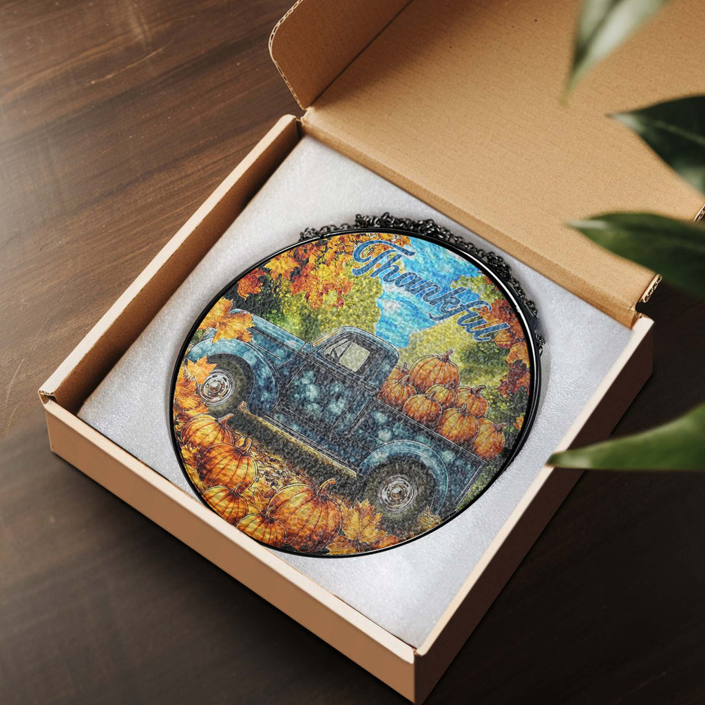 Fall Truck Pumpkins Thanksful Stained Glass Suncatcher 3-Day Shipping
