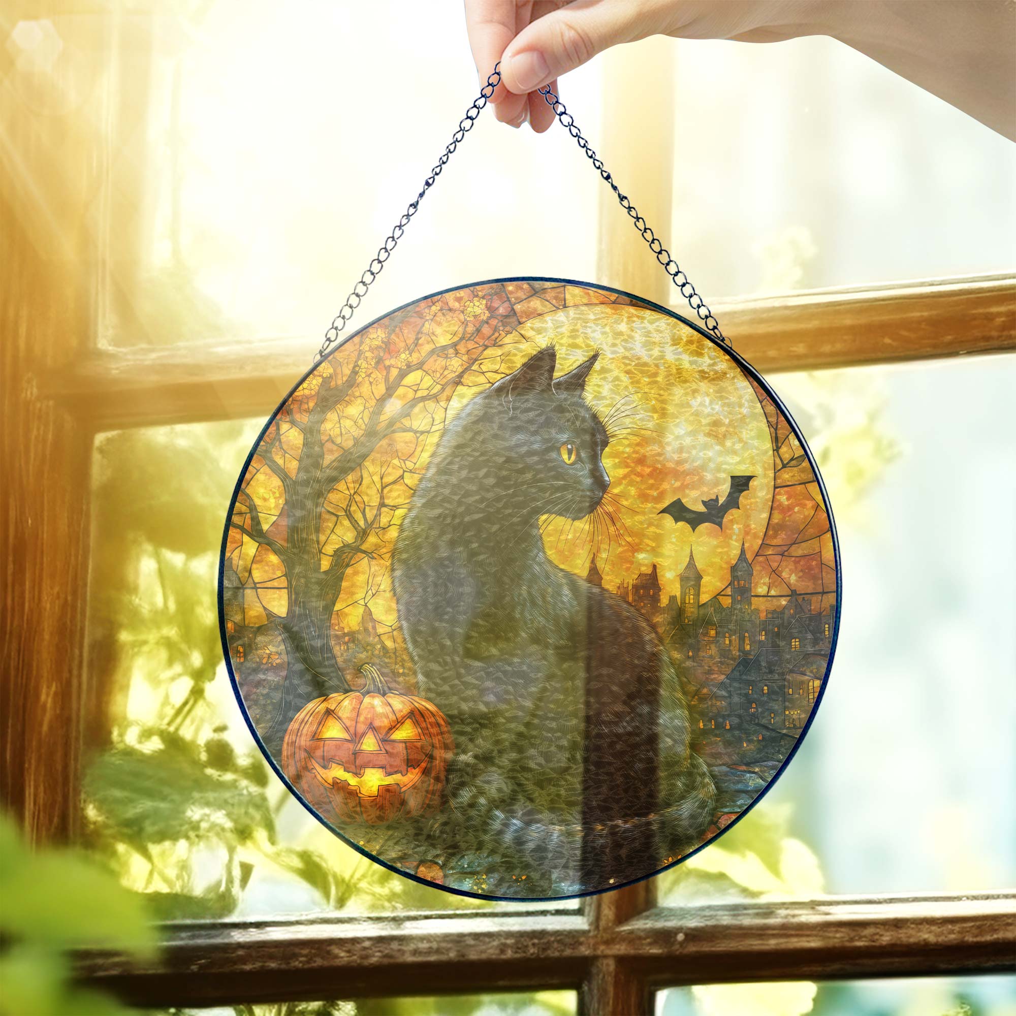 Black Cat Halloween Pumpkins Stained Glass Suncatcher 3-Day Shipping