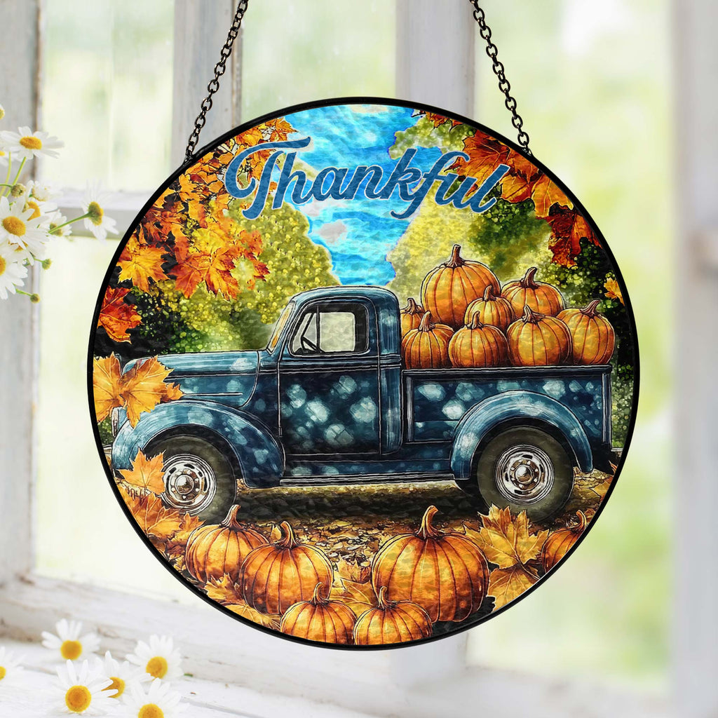 Fall Truck Pumpkins Thanksful Stained Glass Suncatcher 3-Day Shipping
