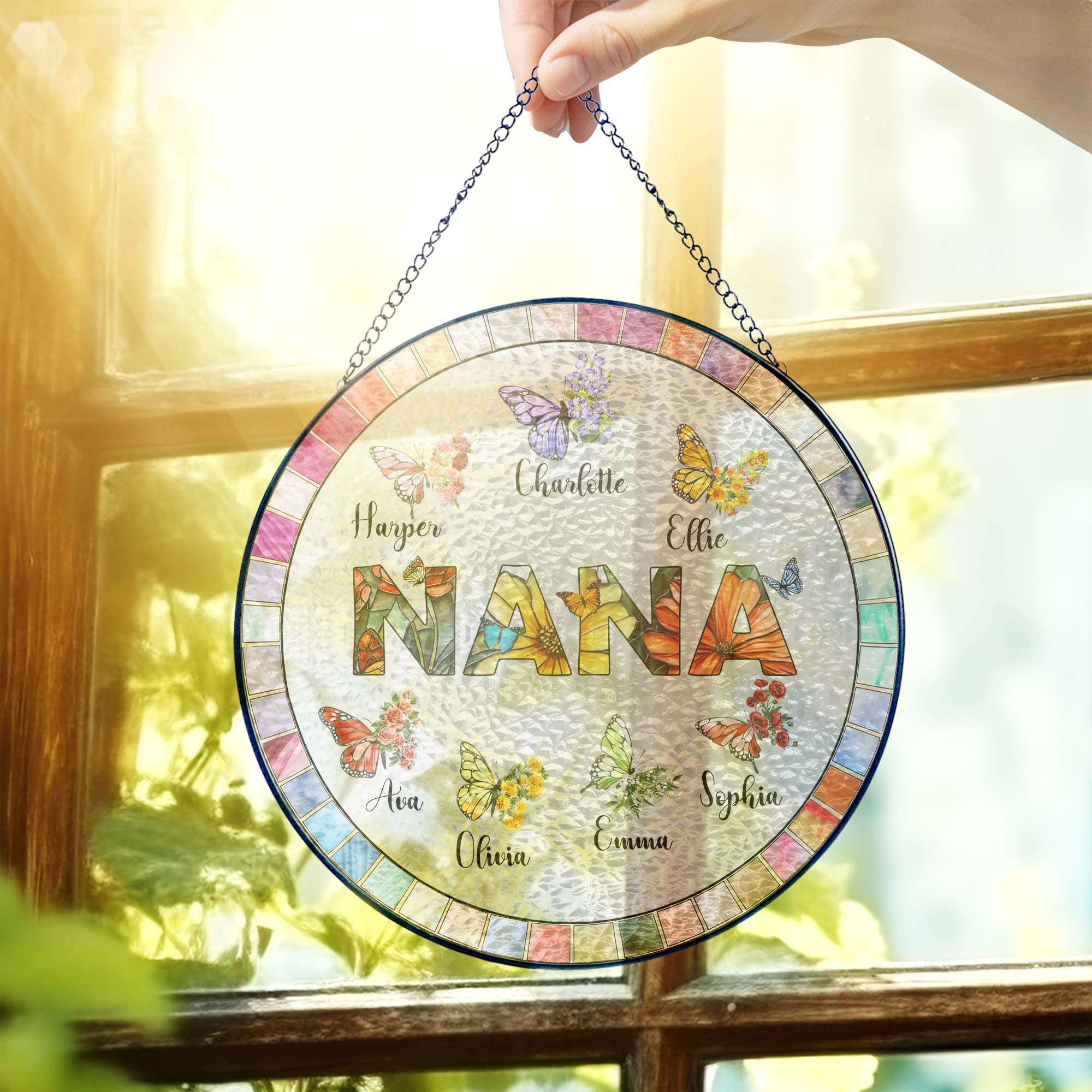 Personalized Nana Stained Glass Suncatcher. Gift for Grandma. Custom Butterfly & Birth Month Flower with Grandkid's Names