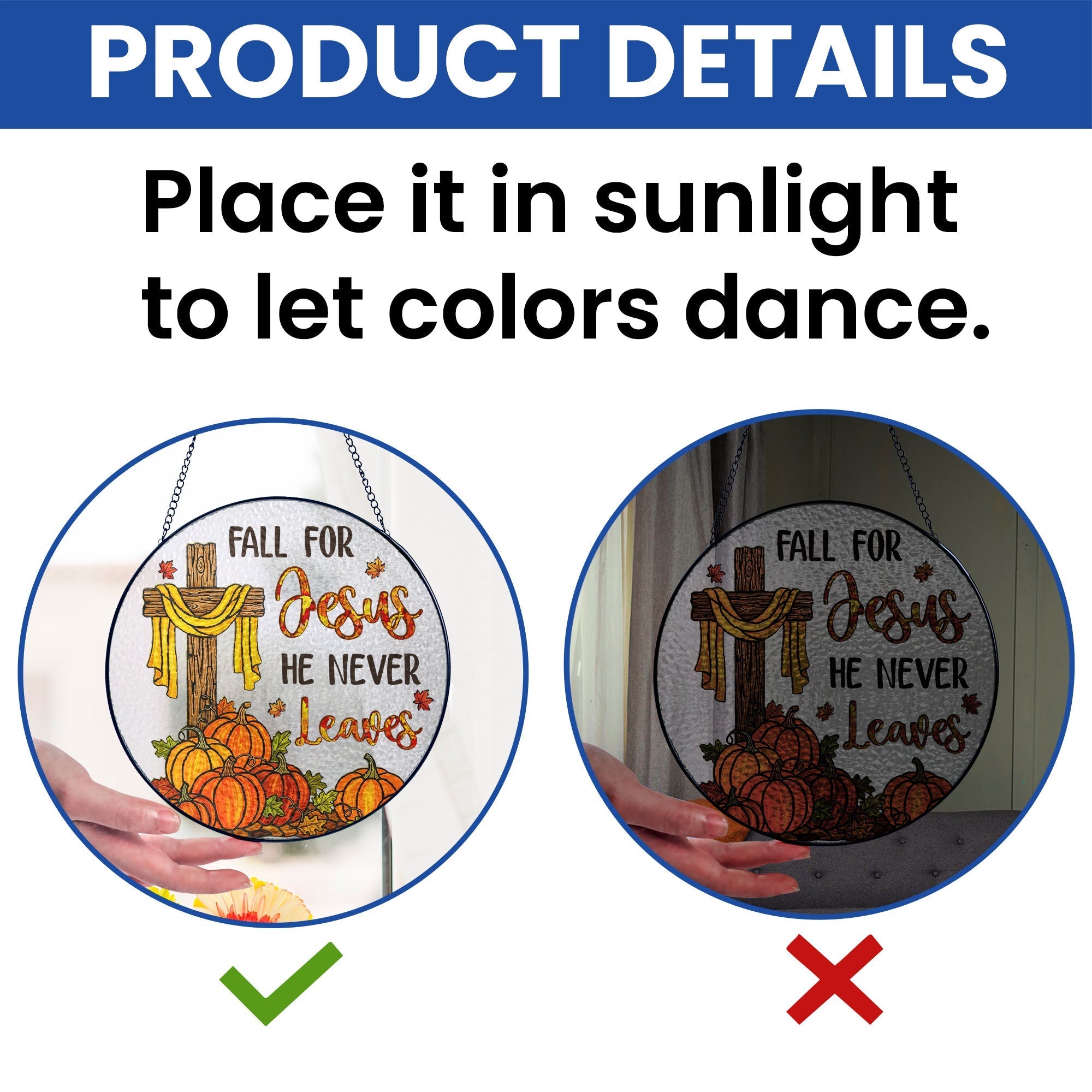 Jesus Cross Fall for Jesus He Never Leaves Thanksgiving Stained Glass Suncatcher 3-Day Shipping