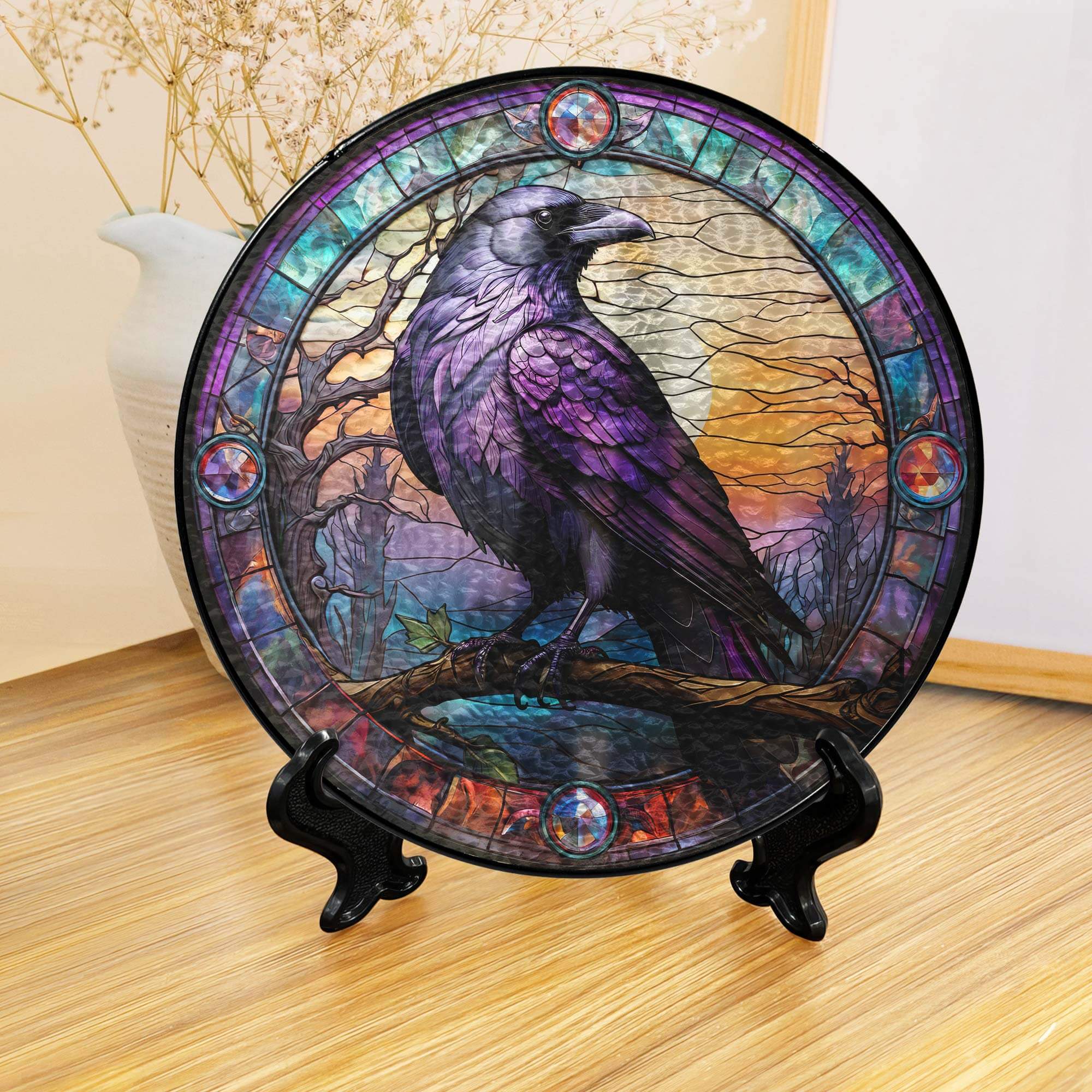 Raven Stained Glass Gothic Crow Stained Glass Suncatcher 3-Day Shipping