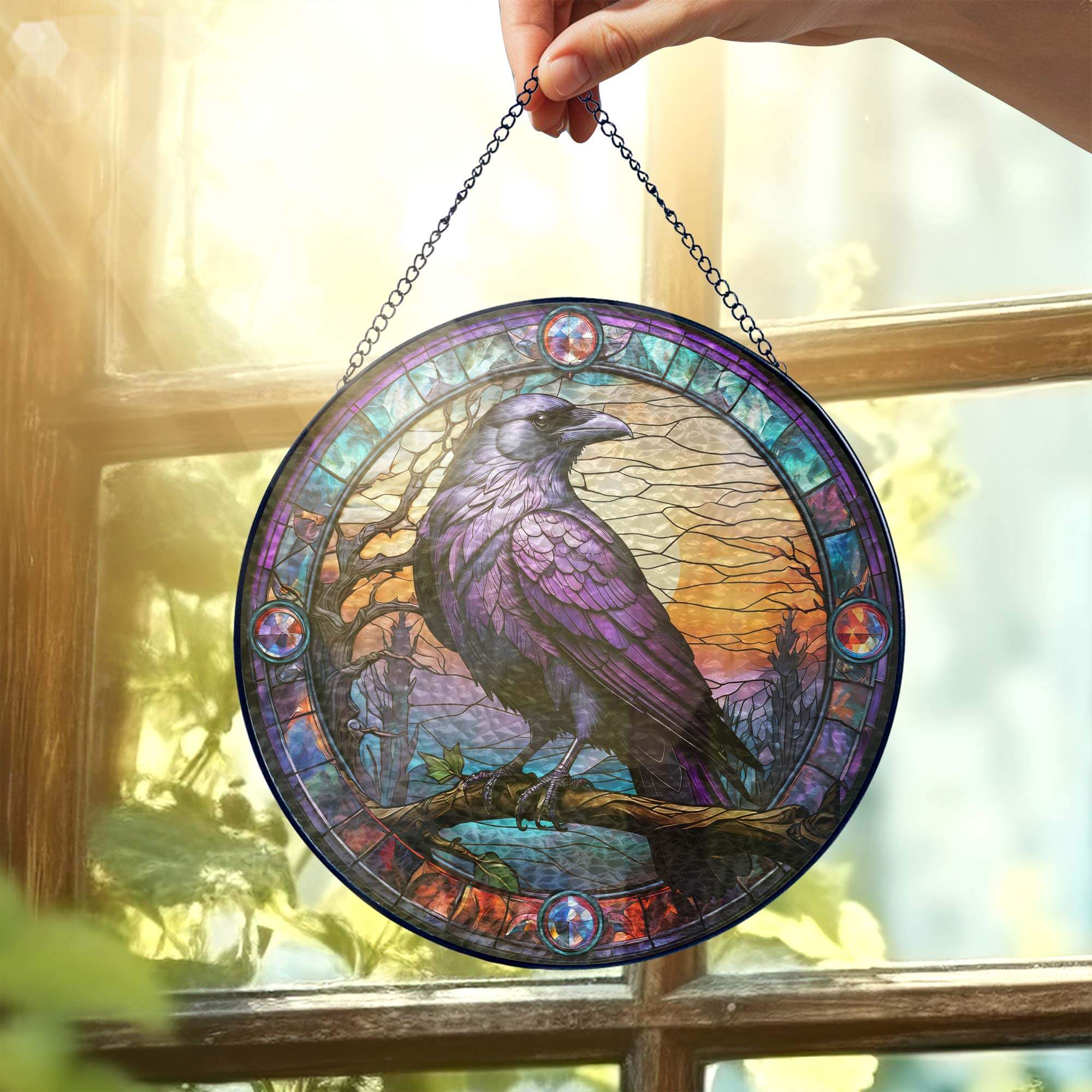 Raven Stained Glass Gothic Crow Stained Glass Suncatcher 3-Day Shipping