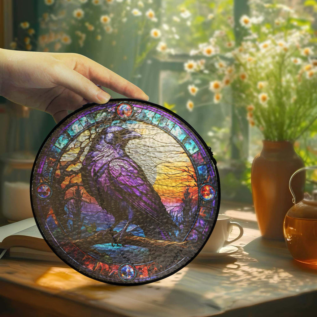 Raven Stained Glass Gothic Crow Stained Glass Suncatcher 3-Day Shipping