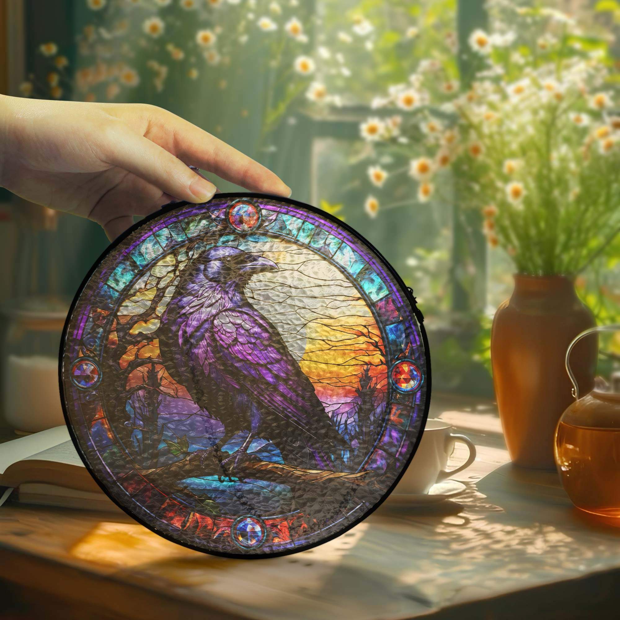 Raven Stained Glass Gothic Crow Stained Glass Suncatcher 3-Day Shipping