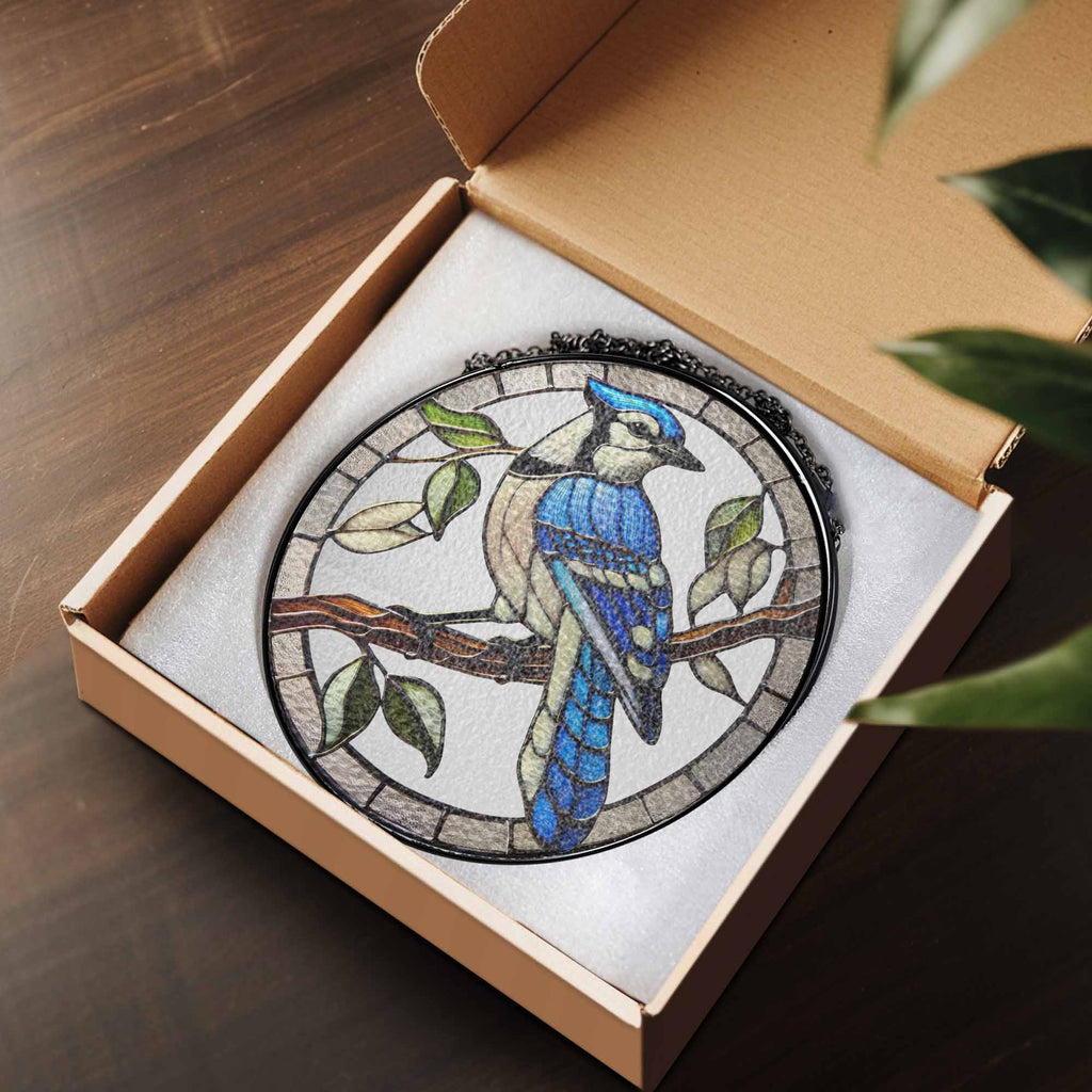 Blue Jay Birdwatching Stained Glass Suncatcher