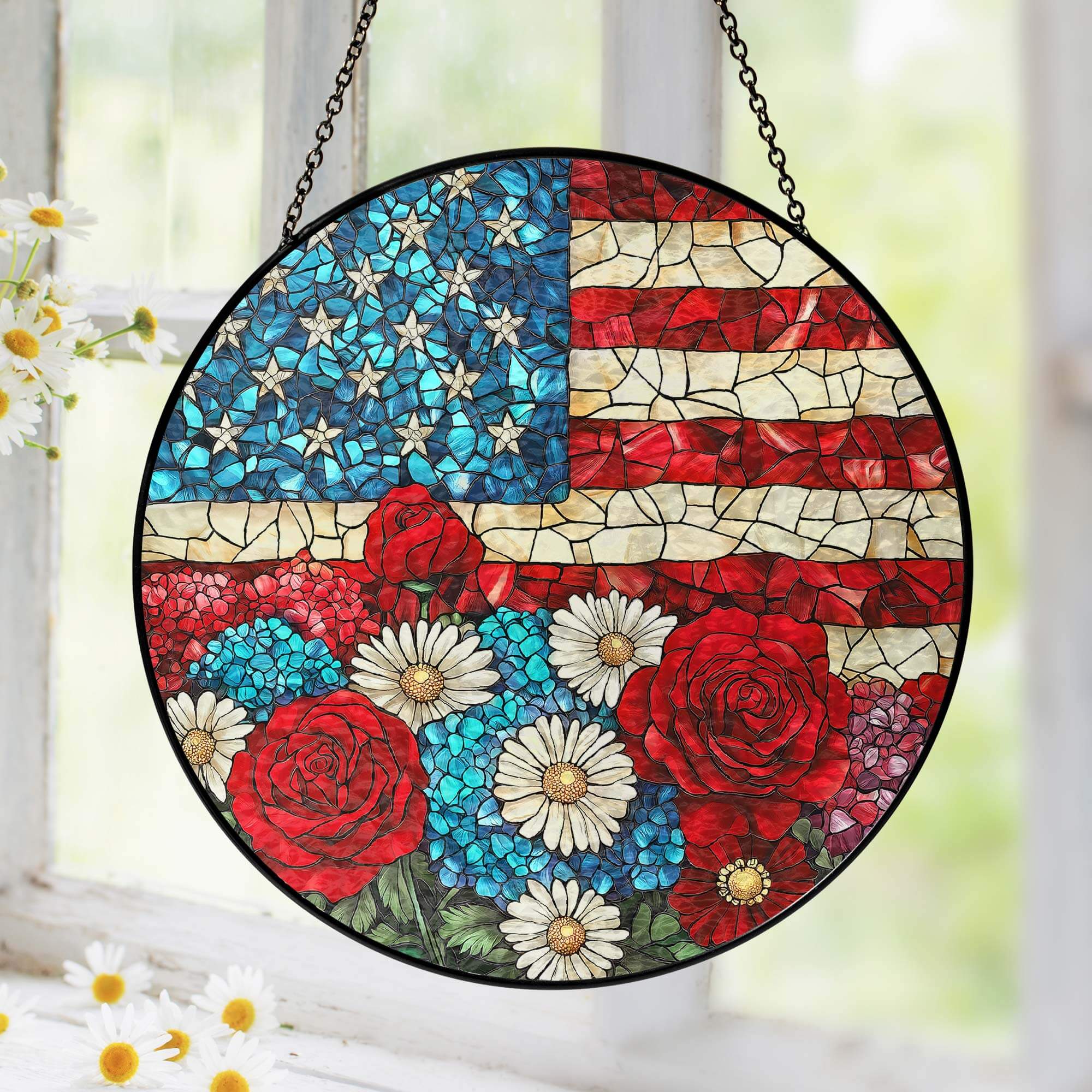 Flagwix American Flag - Patriotic Floral USA Flag Stained Glass Suncatcher Window Decor