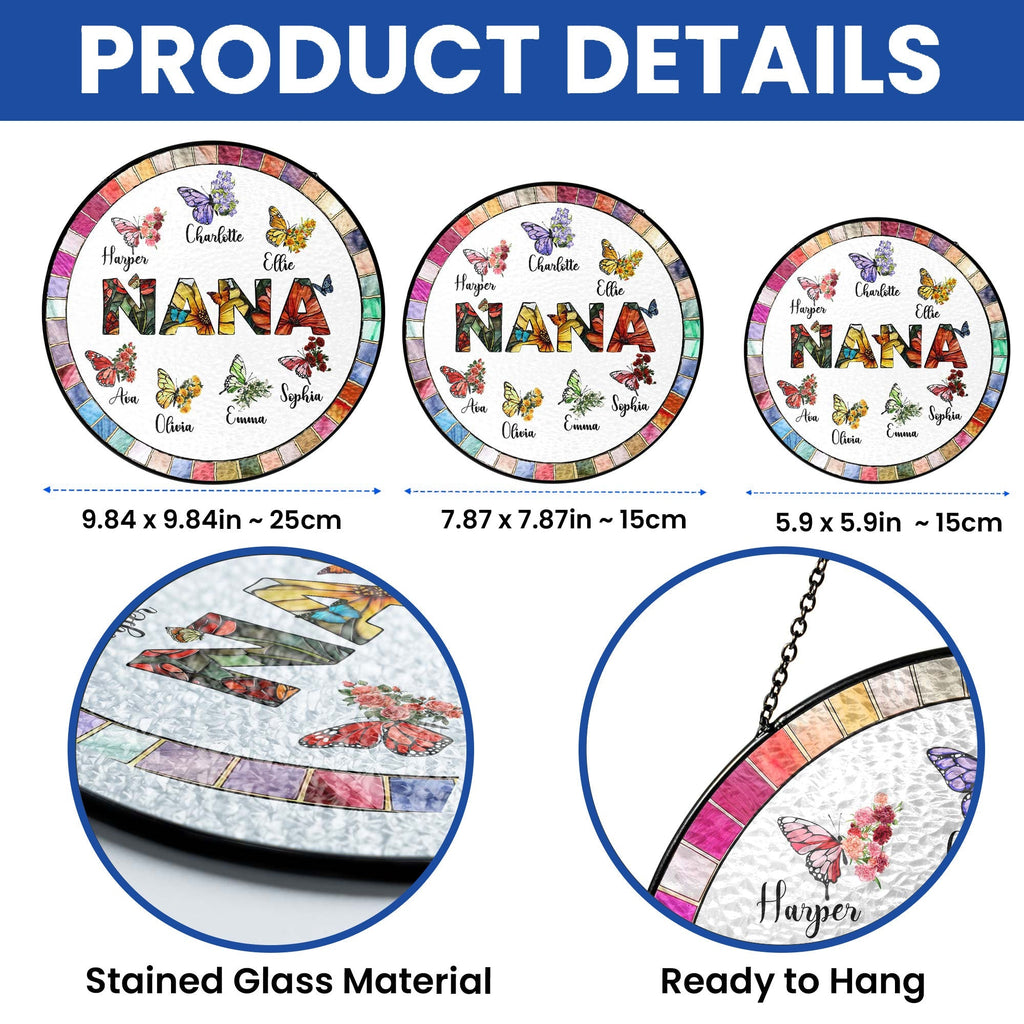Personalized Nana Stained Glass Suncatcher. Gift for Grandma. Custom Butterfly & Birth Month Flower with Grandkid's Names