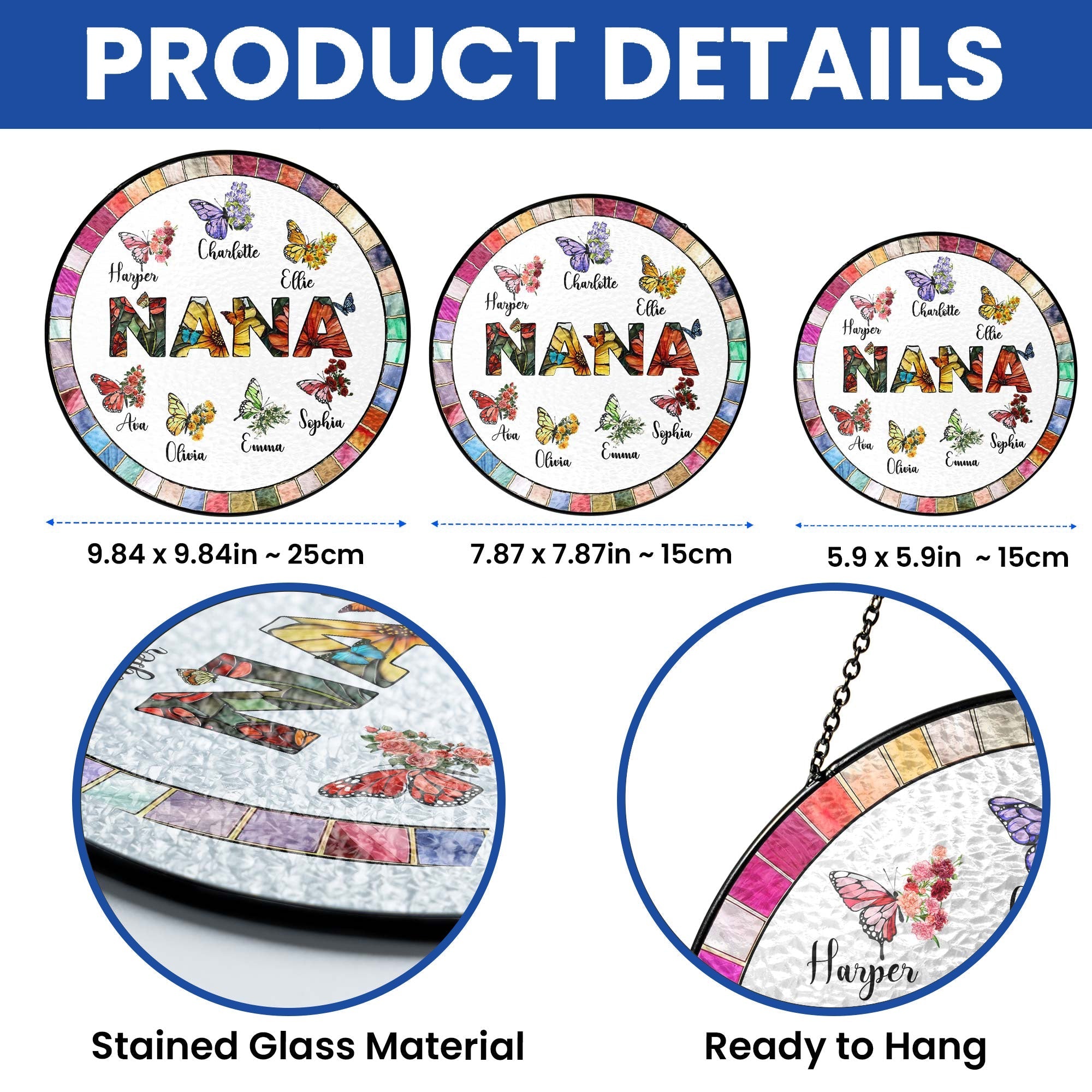 Personalized Nana Stained Glass Suncatcher. Gift for Grandma. Custom Butterfly & Birth Month Flower with Grandkid's Names