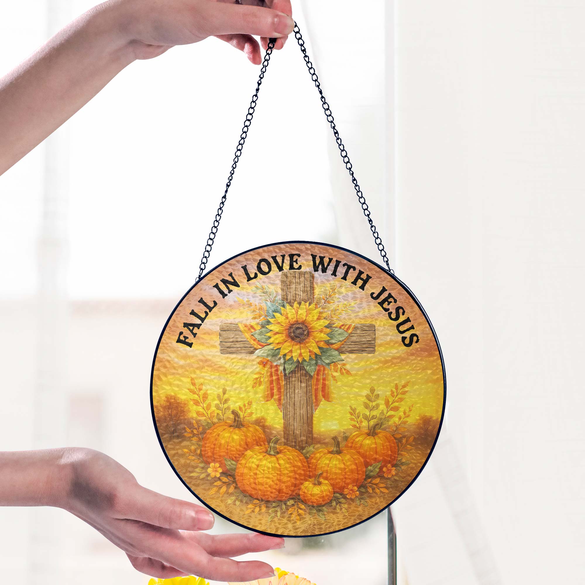 Fall In Love With Jesus Cross Pumpkin Autumn Stained Glass Suncatcher