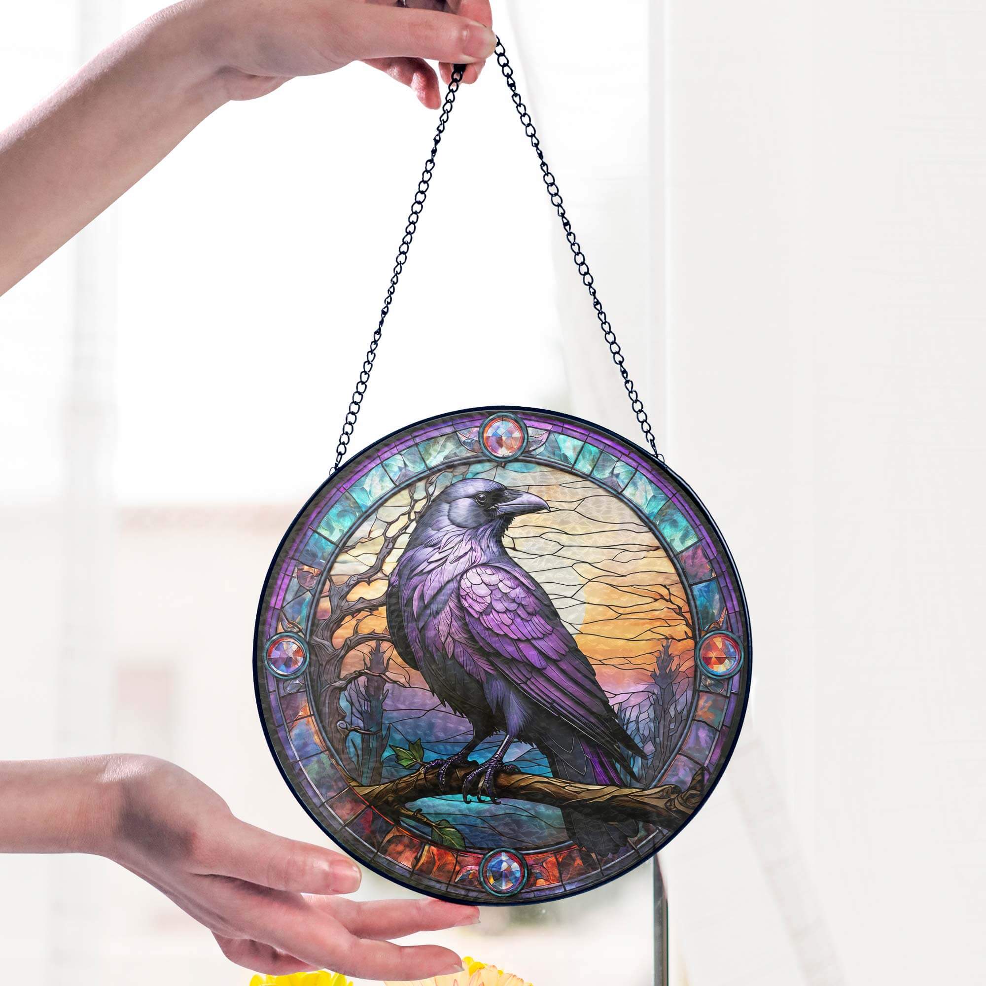 Raven Stained Glass Gothic Crow Stained Glass Suncatcher 3-Day Shipping