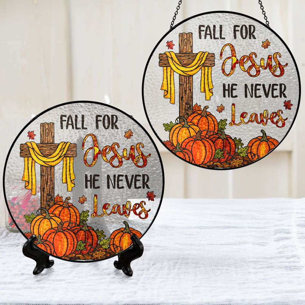 Jesus Cross Fall for Jesus He Never Leaves Thanksgiving Stained Glass Suncatcher 3-Day Shipping