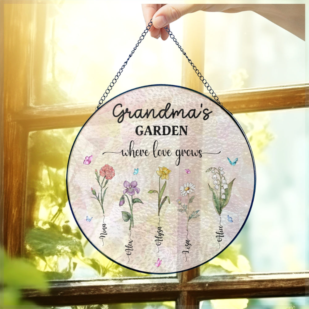 Personalized Grandma's Garden Stained Glass Suncatcher. Birth Month Flowers Stained Glass. Mothers Day Gifts For Nana Custom Garden Decor