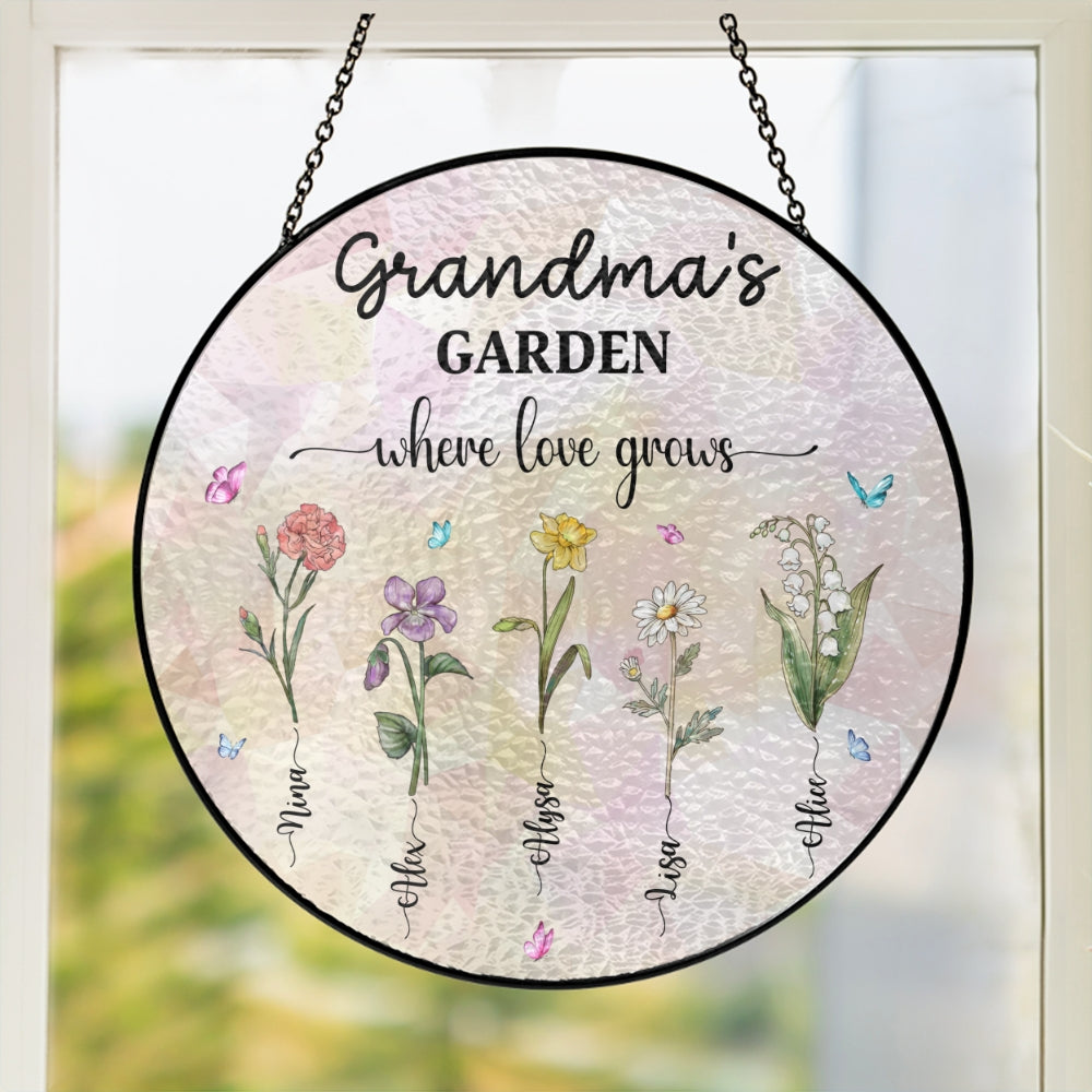 Personalized Grandma's Garden Stained Glass Suncatcher. Birth Month Flowers Stained Glass. Mothers Day Gifts For Nana Custom Garden Decor