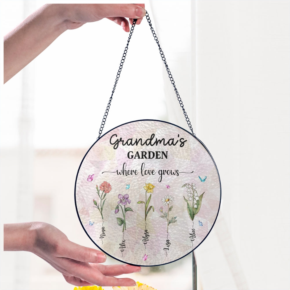 Personalized Grandma's Garden Stained Glass Suncatcher. Birth Month Flowers Stained Glass. Mothers Day Gifts For Nana Custom Garden Decor