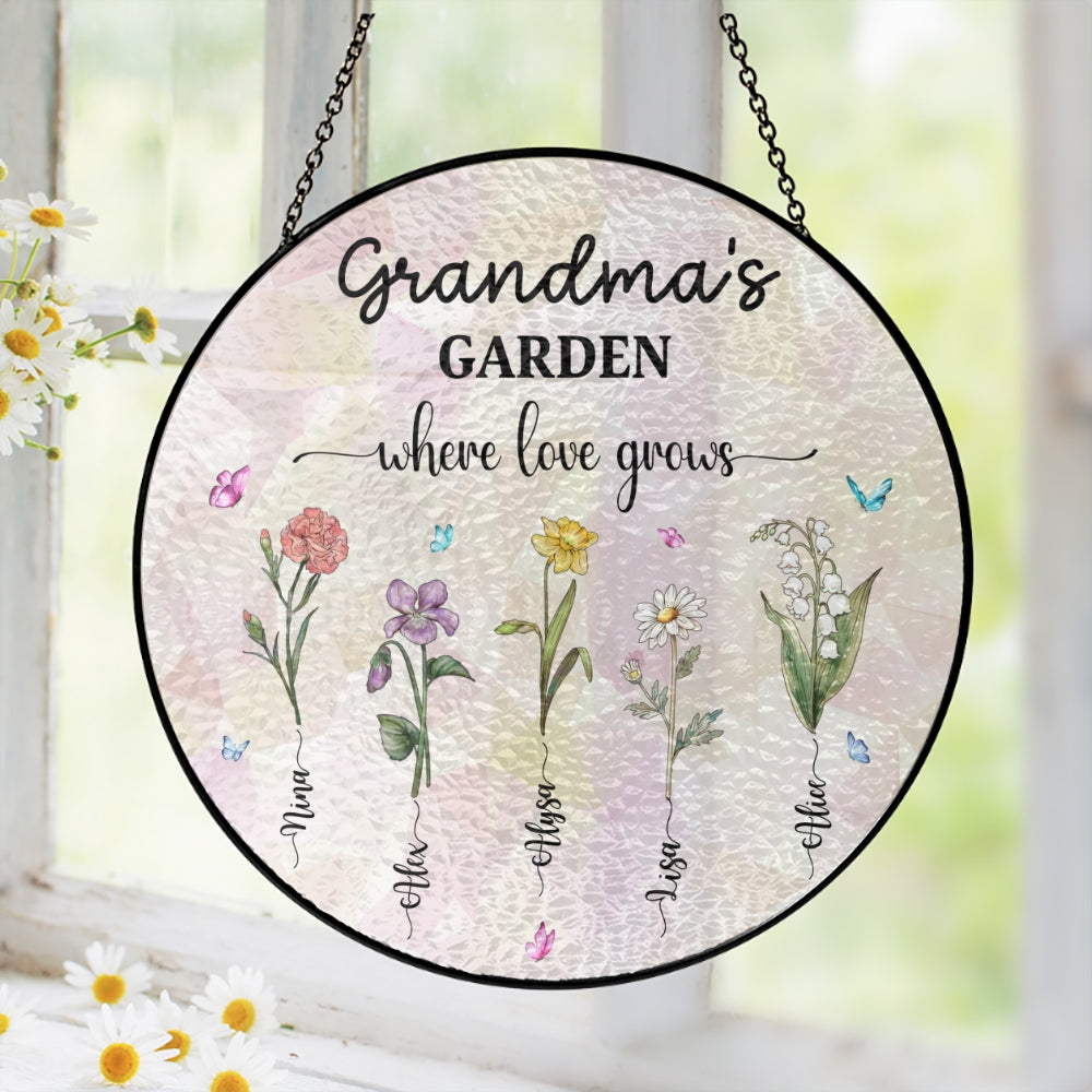 Personalized Grandma's Garden Stained Glass Suncatcher. Birth Month Flowers Stained Glass. Mothers Day Gifts For Nana Custom Garden Decor