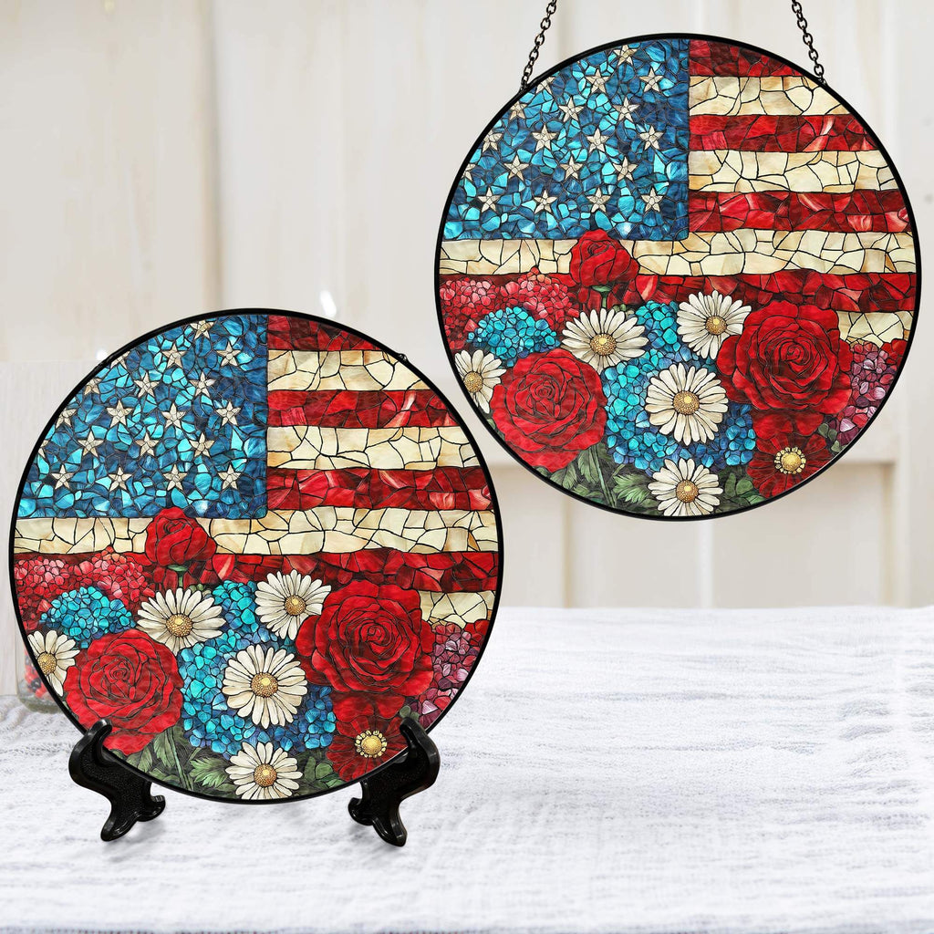 Flagwix American Flag - Patriotic Floral USA Flag Stained Glass Suncatcher Window Decor