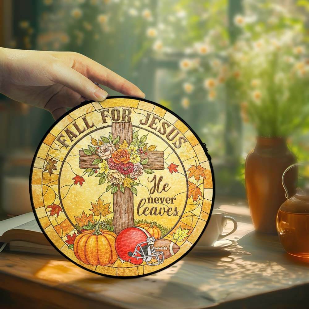 Fall Football Christian He Never Leaves Stained Glass Suncatcher