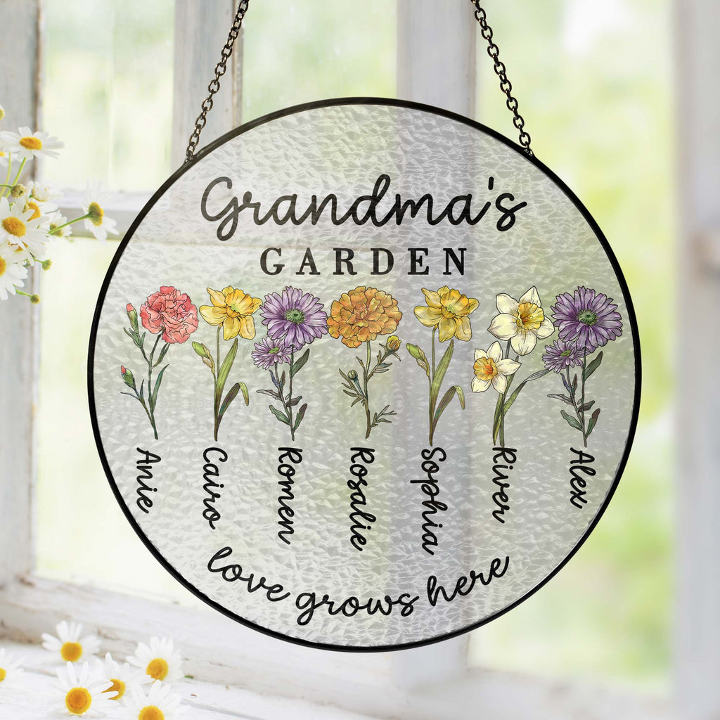 Custom Family Birth Flowers Glass Suncatcher. Personalized Grandma's Garden Gift