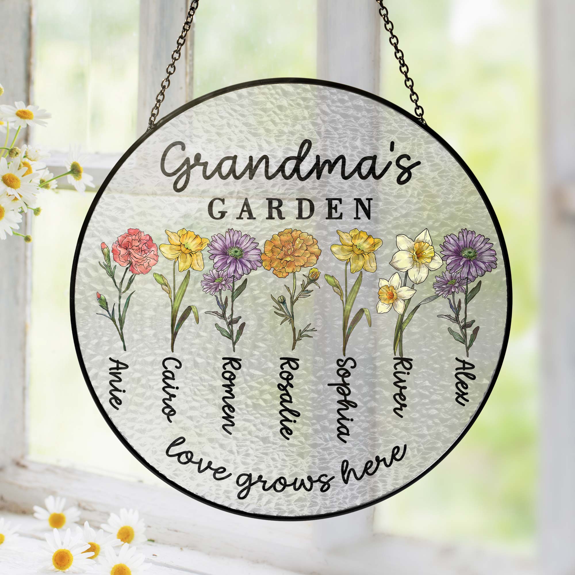 Custom Family Birth Flowers Glass Suncatcher. Personalized Grandma's Garden Gift