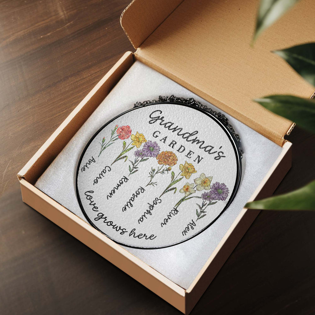 Custom Family Birth Flowers Glass Suncatcher. Personalized Grandma's Garden Gift
