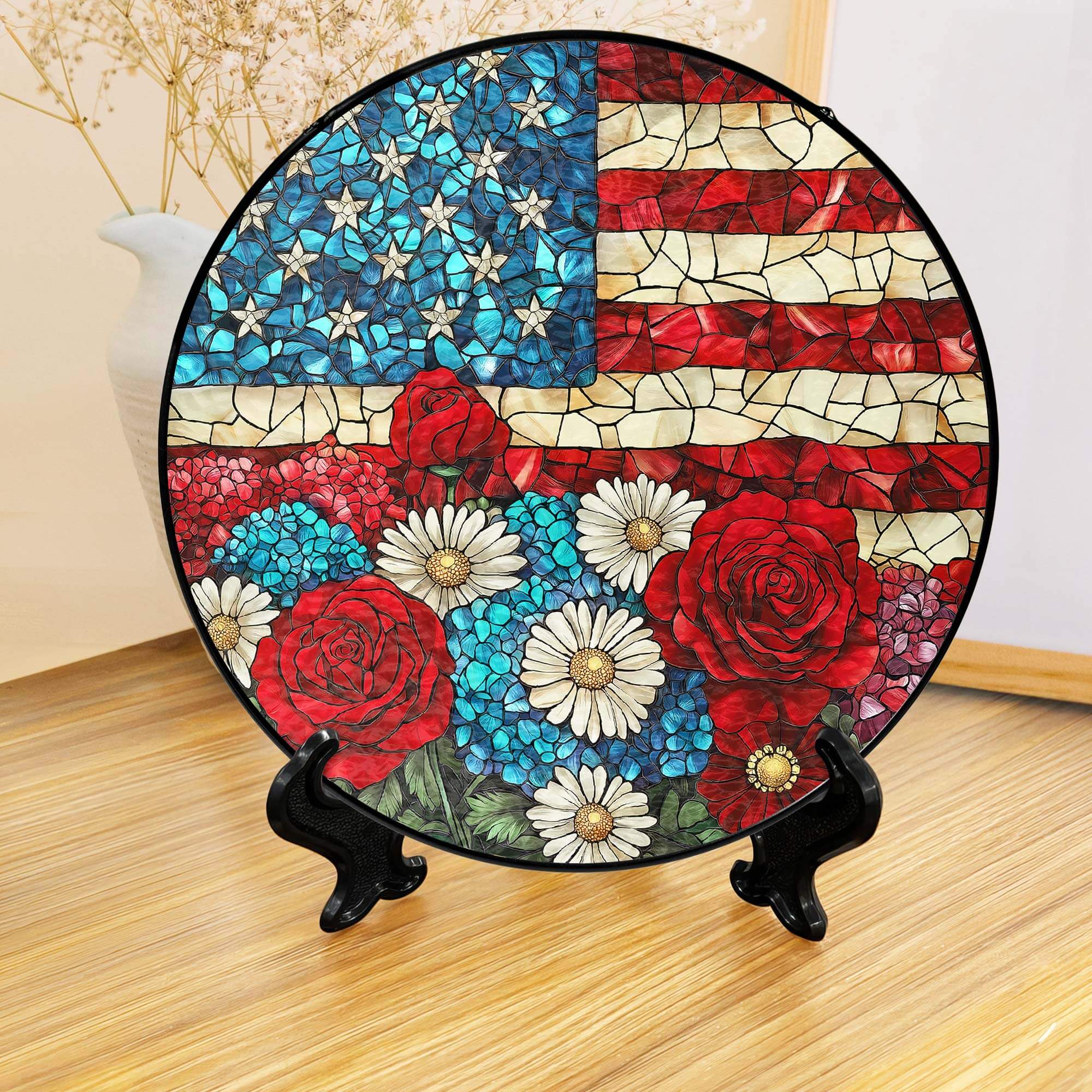 Flagwix American Flag - Patriotic Floral USA Flag Stained Glass Suncatcher Window Decor