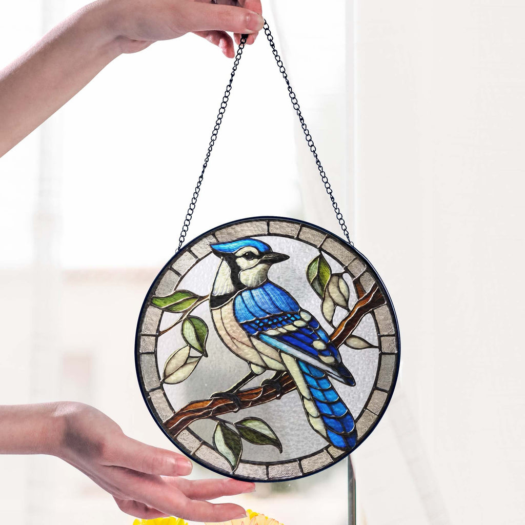 Blue Jay Birdwatching Stained Glass Suncatcher