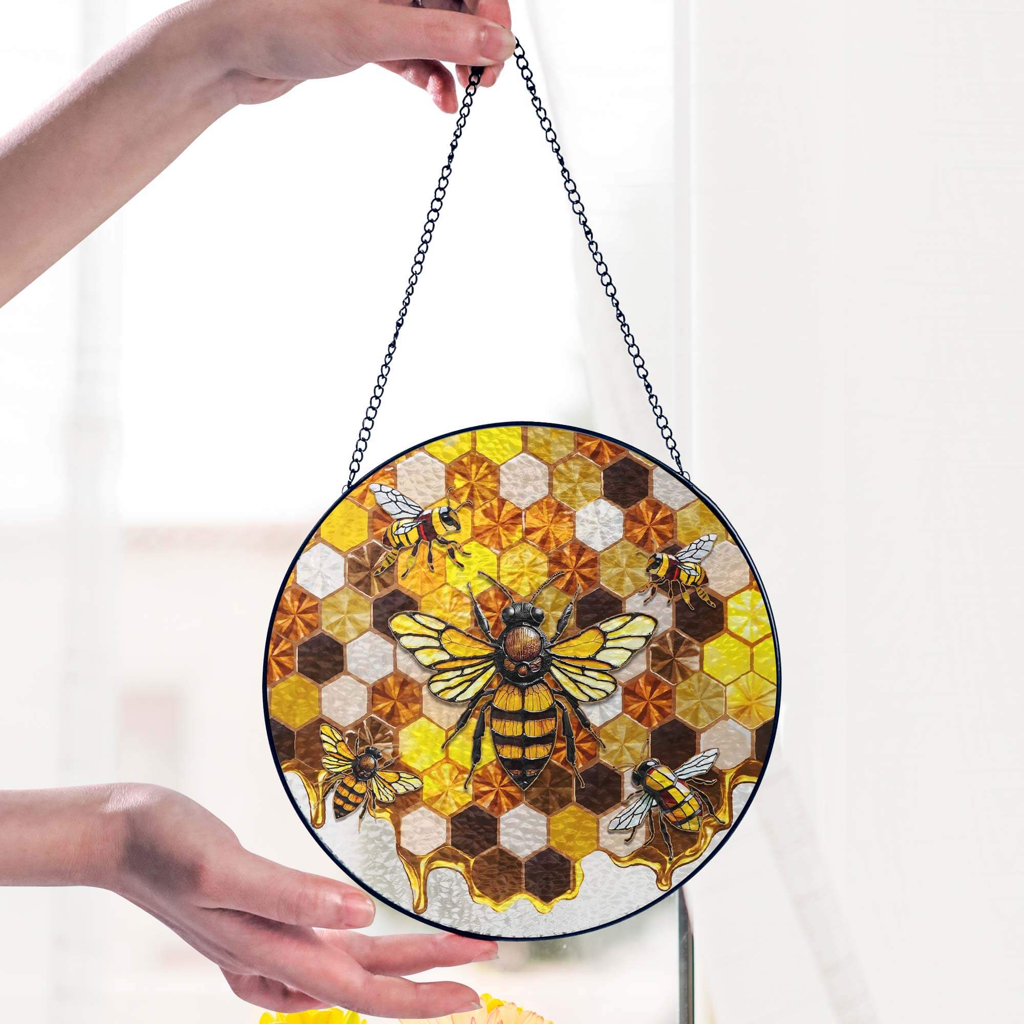 Honeycomb Bee Stained Glass Suncatcher